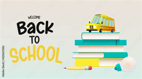 School bus 3D art style with school supplies vector illustration Stock ...