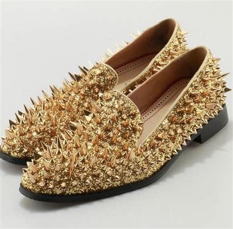 Fashion Gold Spiked Loafers Shoes Men Round Toe Bling Sequins Banque ...