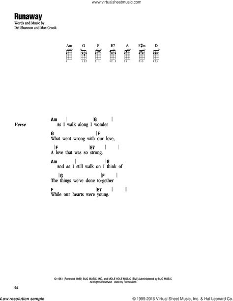 Shannon - Runaway sheet music for ukulele (chords) [PDF]