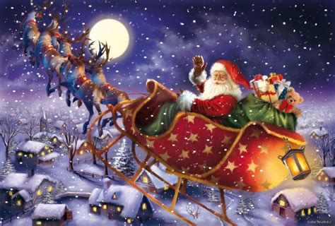 Santa Claus in his sleigh with his flying reindeer by the night sky of the moon | Christmas ...