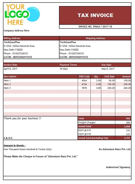 Gst Invoice Format In Excel Word Pdf And Jpeg Format No 15 - Riset