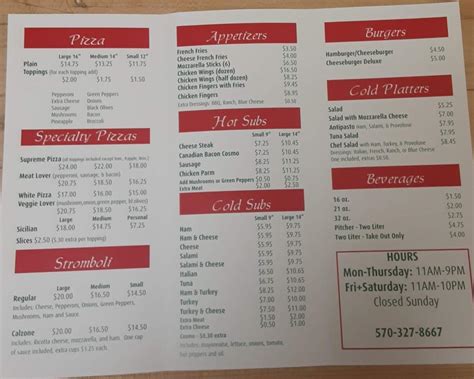 Menu at Venice Pizza pizzeria, Williamsport