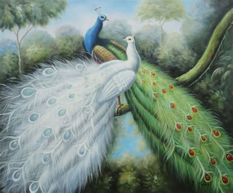 Blue and White Peacock Pair In Garden Tree Oil Painting Animal ...