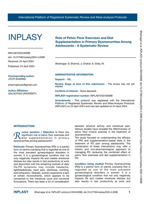 (PDF) INPLASY-Protocol-6175:Role of Pelvic Floor Exercises and Diet Supplementation in Primary ...