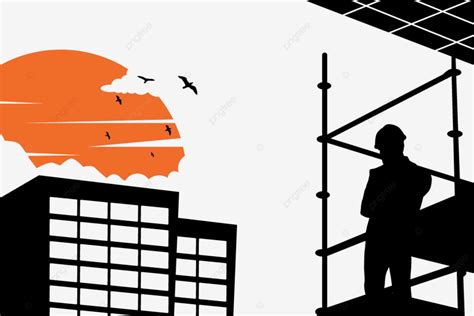 Silhouette Of Construction Worker With Sunset View Vector, Construction Worker Building ...