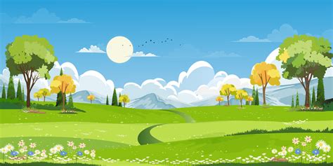 Spring green fields landscape with mountain, blue sky and clouds background,Panorama peaceful ...