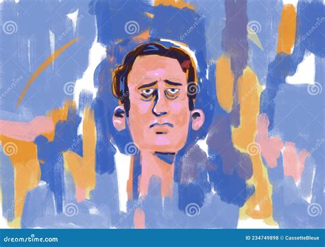 Exciting Portrait Young Caucasian Man with Blue Sun Glass Modern Painting with Shape and Spot ...