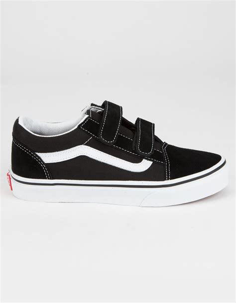 VANS Old Skool V Juniors Black & True White Velcro Shoes - BLACK/WHITE | Tillys