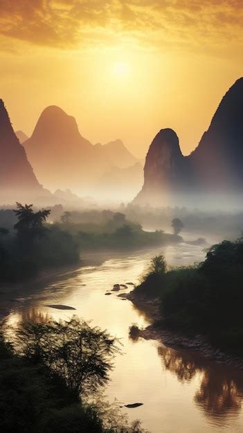 Premium AI Image | A sunset over the li river in china