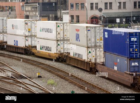 Container rail freight cars in Canadian Pacific Rail yard in downtown Vancouver BC Canada Stock ...