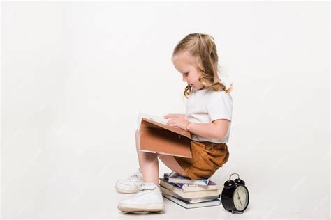 Premium Photo | Portrait of a little girl sitting on a stack of books..