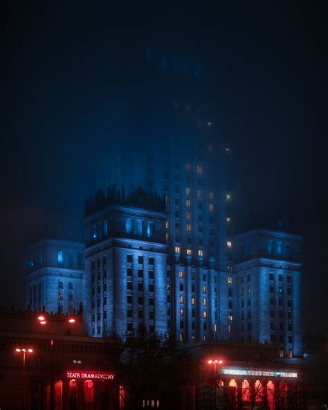 White concrete building during night time photo – Free Warszawa Image ...