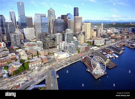 AERIAL VIEWS OF SEATTLE, WASHINGTON, USA...THE CITY SKYLINE AND ELLIOTT BAY WATERFRONT Stock ...