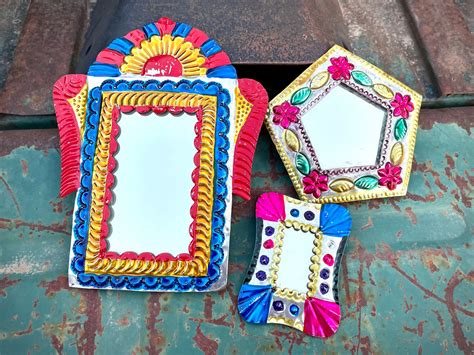 Three Very Small Mexican Tin Wall Mirror Painted Bright Colors, Folk ...