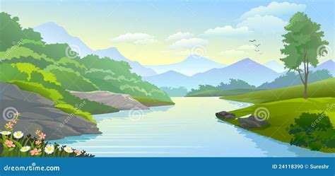 Panoramic View Of River Flowing In A Valley Stock Illustration - Image ...