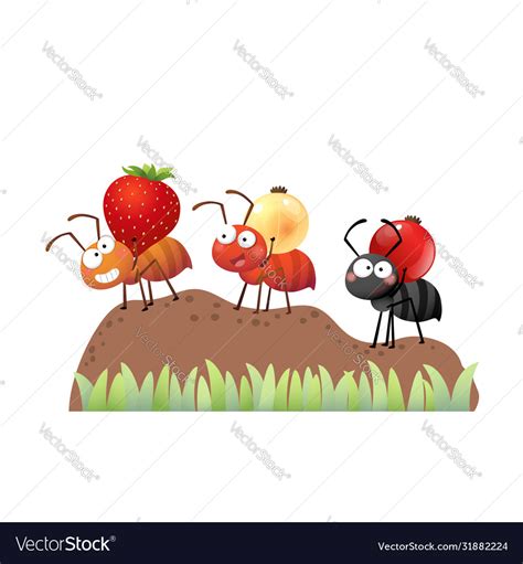 Cartoon colony ants carrying berries Royalty Free Vector