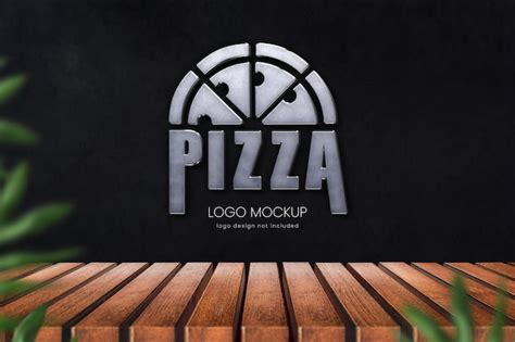 Premium PSD | Metallic logo mockup with wall mockup and rustic wooden table