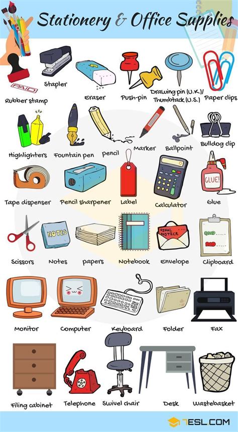 Office Supplies List in English • 7ESL | English vocabulary, Learn english vocabulary, Vocabulary