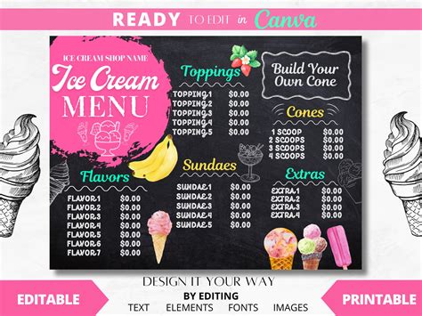 Editable Menu Template Chalkboard Ice Cream Menu Ice Cream - Etsy Australia