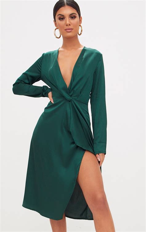 Emerald Green Satin Long Sleeve Wrap Midi Dress | PrettyLittleThing IE