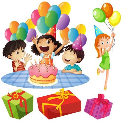 Kids at birthday party with balloons and presents 373573 Vector Art at Vecteezy