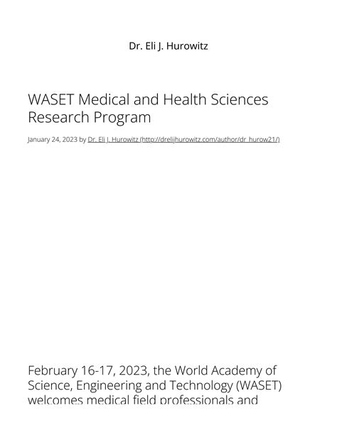 Dr. Eli Hurowitz Blog - WASET Medical and Health Sciences Research Program by Dr. Eli J ...