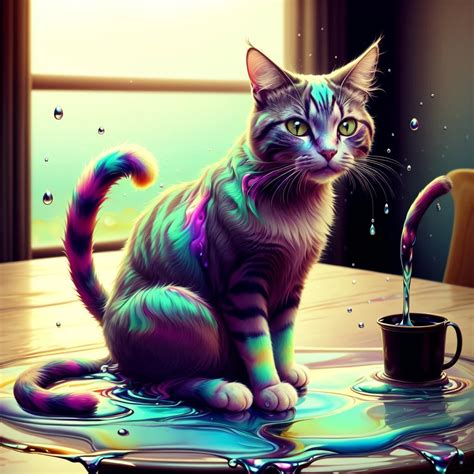 There is a cat sitting on a table with a cup of water - SeaArt AI