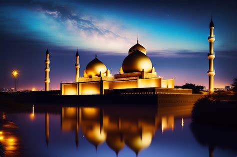 Una mezquita por la noche con un cielo azul y el reflejo del agua. | Foto Gratis