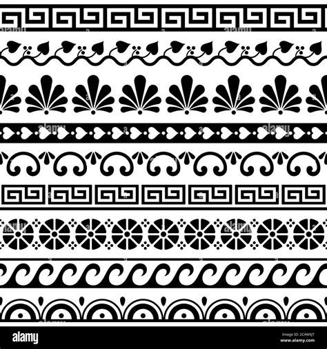 Greek key pattern, waves and geometric seamless vector design set - ancient in black and white ...