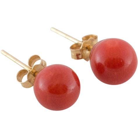 14K Gold Red Coral Stud Earrings from anntiquesandfinejewelry on Ruby Lane