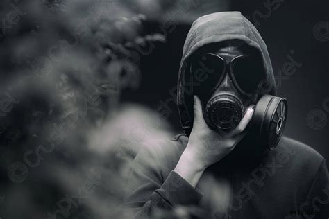 A man wearing a gas mask and the gloomy atmosphere - stock photo ...