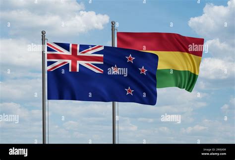 Bolivia flag and New Zealand flag waving together on blue sky, two country cooperation concept ...