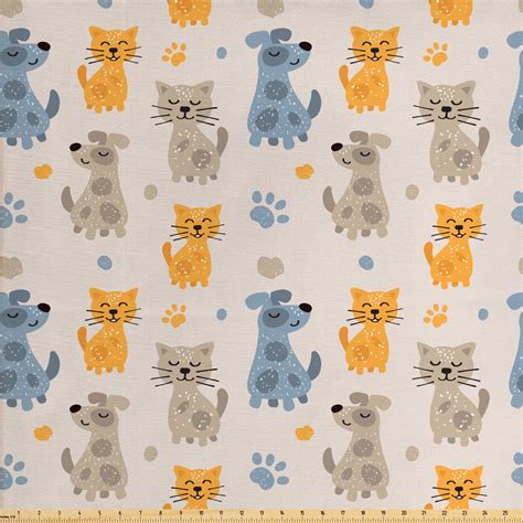 Pets Fabric by The Yard, Kittens Pattern Friends Dogs Puppy Paws ...