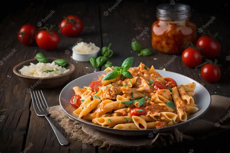 Premium Photo | Creamy penne pasta in spicy tomato sauce with chicken diced tomatoes ai ...