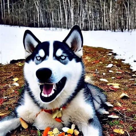 a siberian husky with heterochromia eating a pile of | Stable Diffusion ...