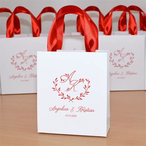 25 Wedding Welcome bags for favor for guests, Elegant Personalized Thank You Bag with Red satin ...