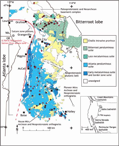 Simplified geological map of the Idaho batholith showing the major ...