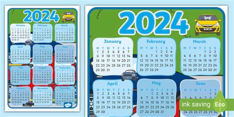 Car-Themed 2024 Wall Calendar Poster (Teacher-Made) - Twinkl