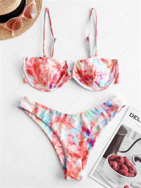 [30% OFF] 2022 ZAFUL Tie Dye V Notch Underwire Bikini Swimwear In MULTI ...