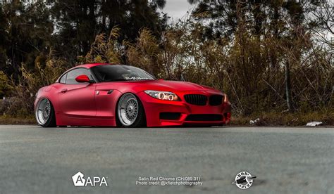 Satin Red Chrome BMW Z4 with Custom Parts Living a Low Life — CARiD.com Gallery