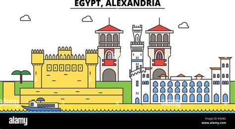 Egypt, Alexandria outline city skyline, linear illustration, banner, travel landmark, buildings ...