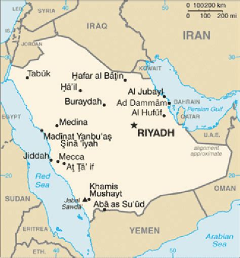 Map of Saudi Arabia showing the total area, major cities and the ...