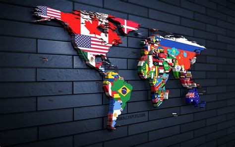 Download wallpapers 3D political world map, 4K, blue brickwall, map of ...