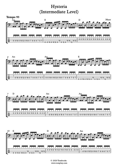 Hysteria - Original Version (Intermediate Level) (Muse) - Bass Tabs