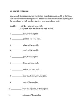 Partitif (French Partitive Article) Worksheet 4 | Teaching Resources