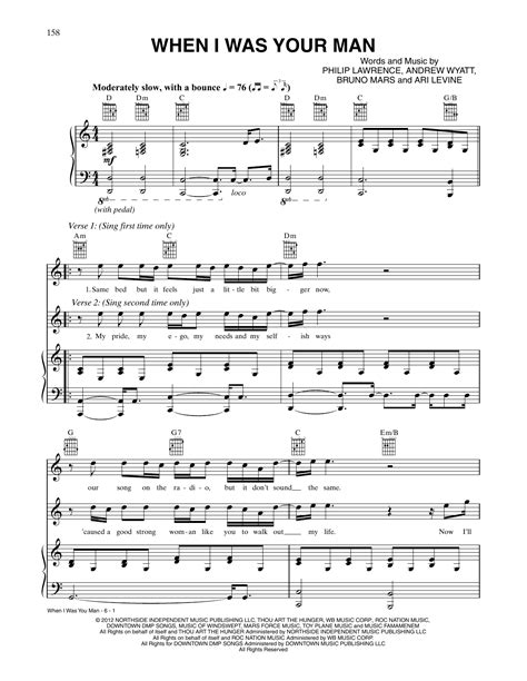 Bruno Mars "When I Was Your Man" Sheet Music | Download Printable Rock PDF Score | How To Play ...