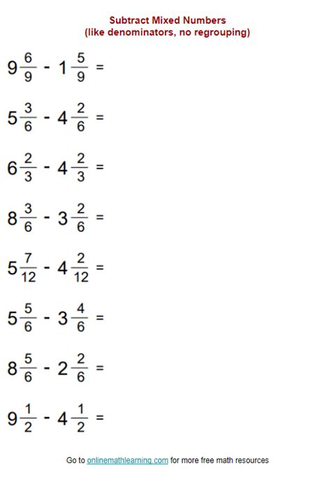 Subtract Mixed Numbers with Like Denominators Worksheet (examples, answers, videos, activities)