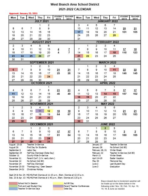 West Branch Area School District Calendar 2024-2025