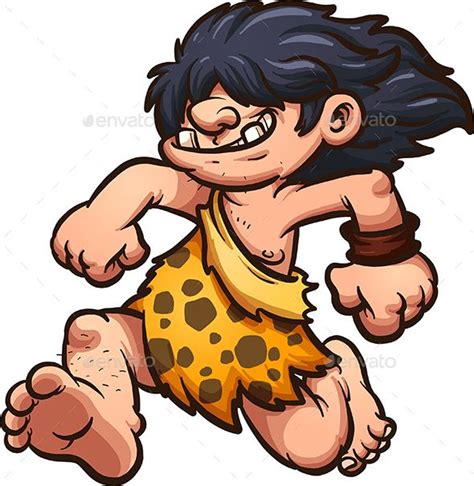 Energetic Cartoon Caveman Running with Long Hair