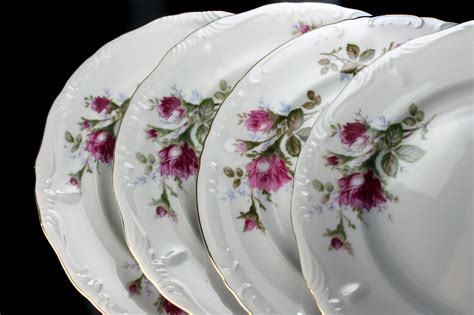 Luncheon Plates, Royal Rose China, Set of 4, Fine China, Moss Rose, Made in Japan, Embossed Edge ...